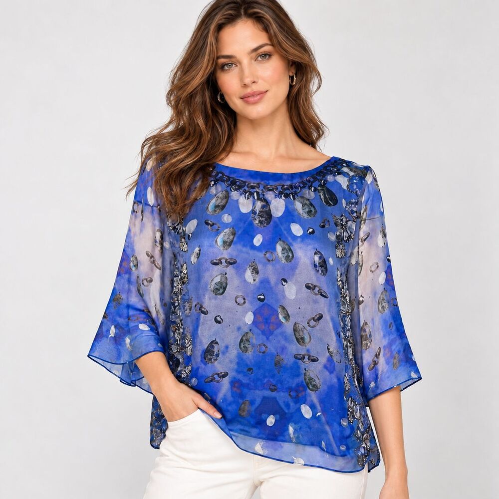 Worth New York 100% Silk Blouse 12 Blue Jewelry Print Sheer 3/4 Sleeve